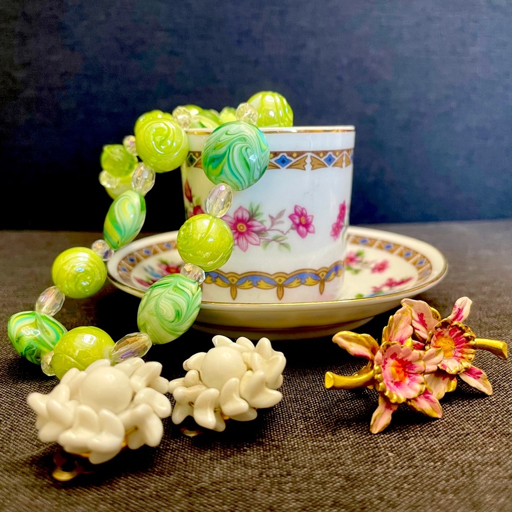 Vintage Floral Tea Cup Earrings and Bracelet Set Bundle